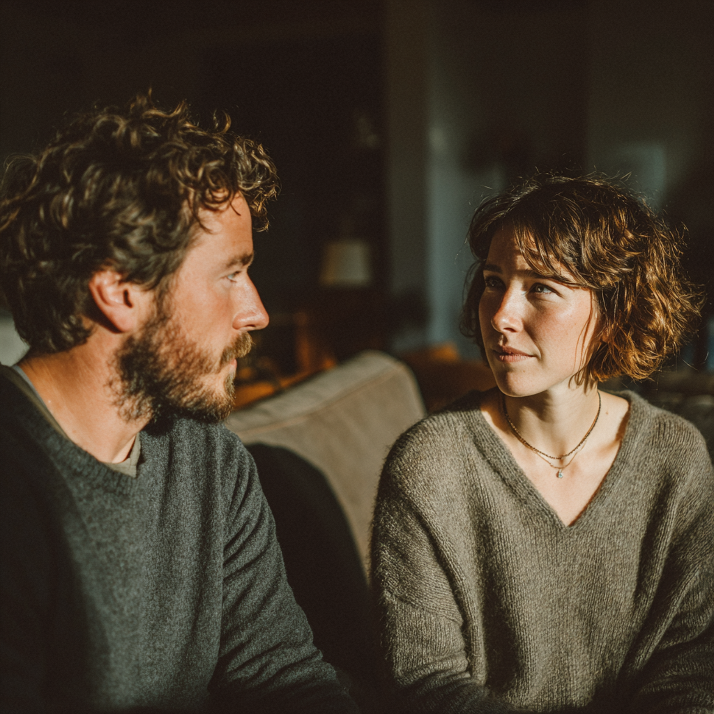 Una pareja triste manteniendo una conversación sincera | Fuente: Midjourney