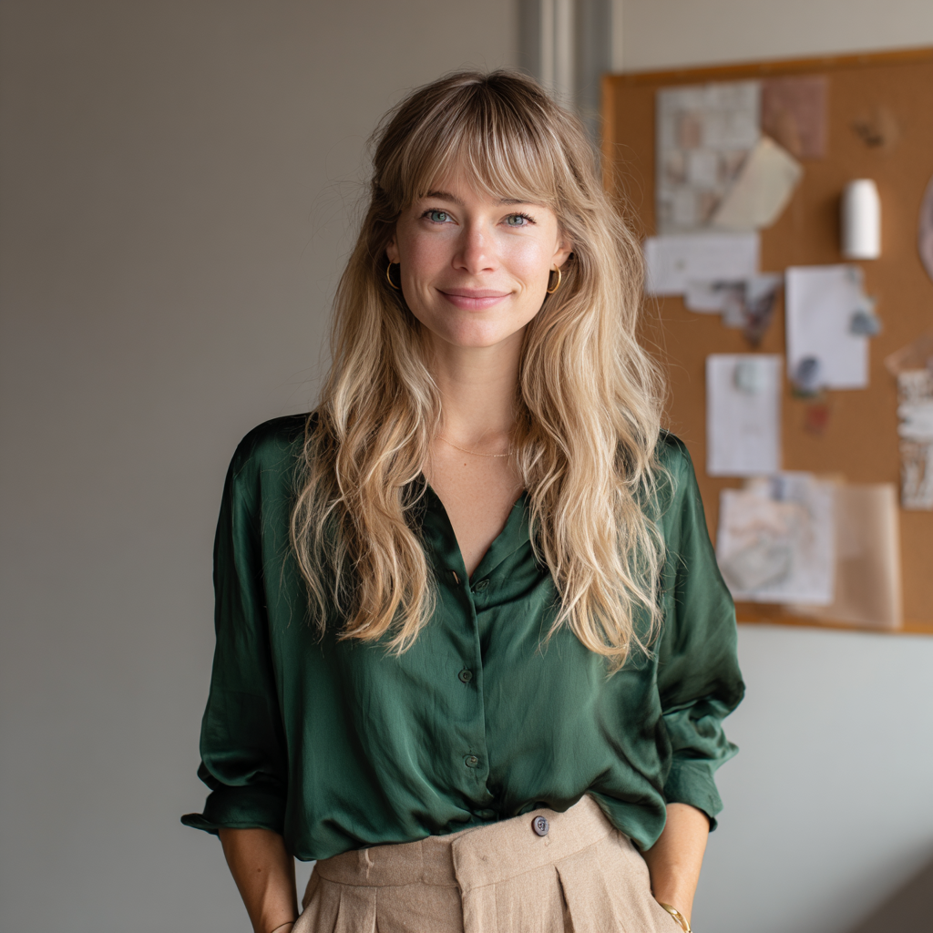 Una mujer sonriente con una blusa de seda | Fuente: Midjourney