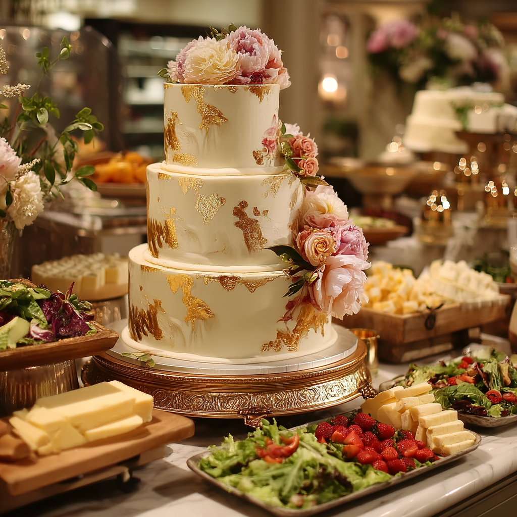 Un pastel de boda con otros platos | Fuente: Midjourney