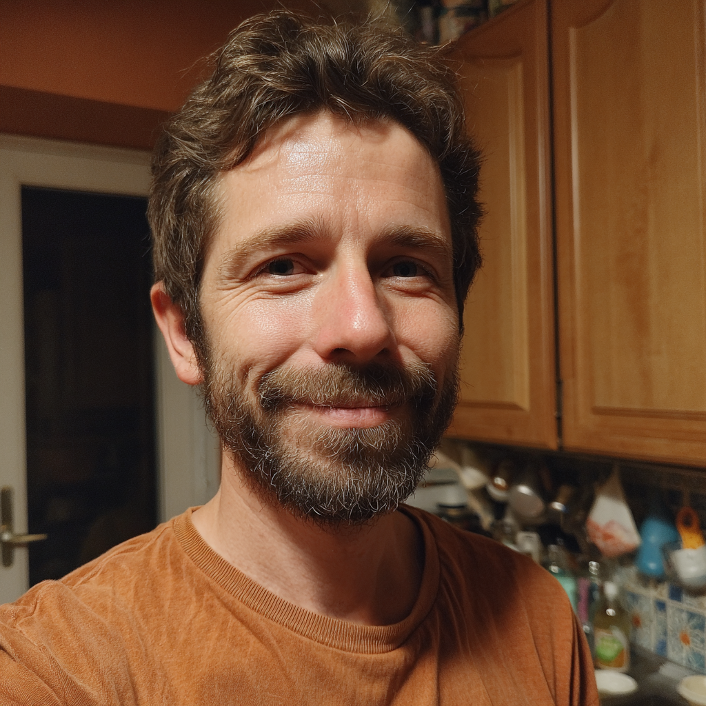 Un hombre sonriente de pie en una cocina | Fuente: Midjourney