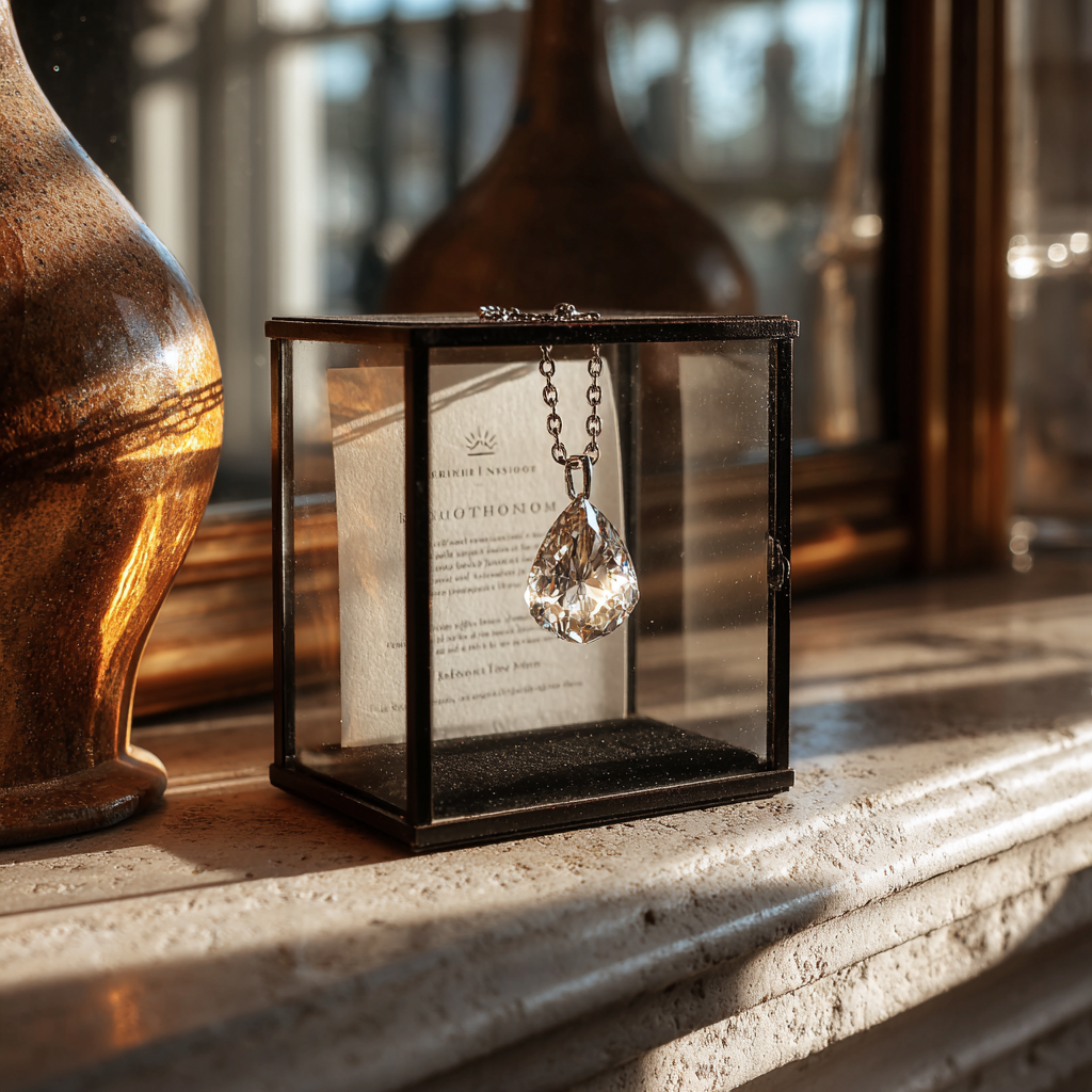 Un colgante de diamantes sobre un manto | Fuente: Midjourney