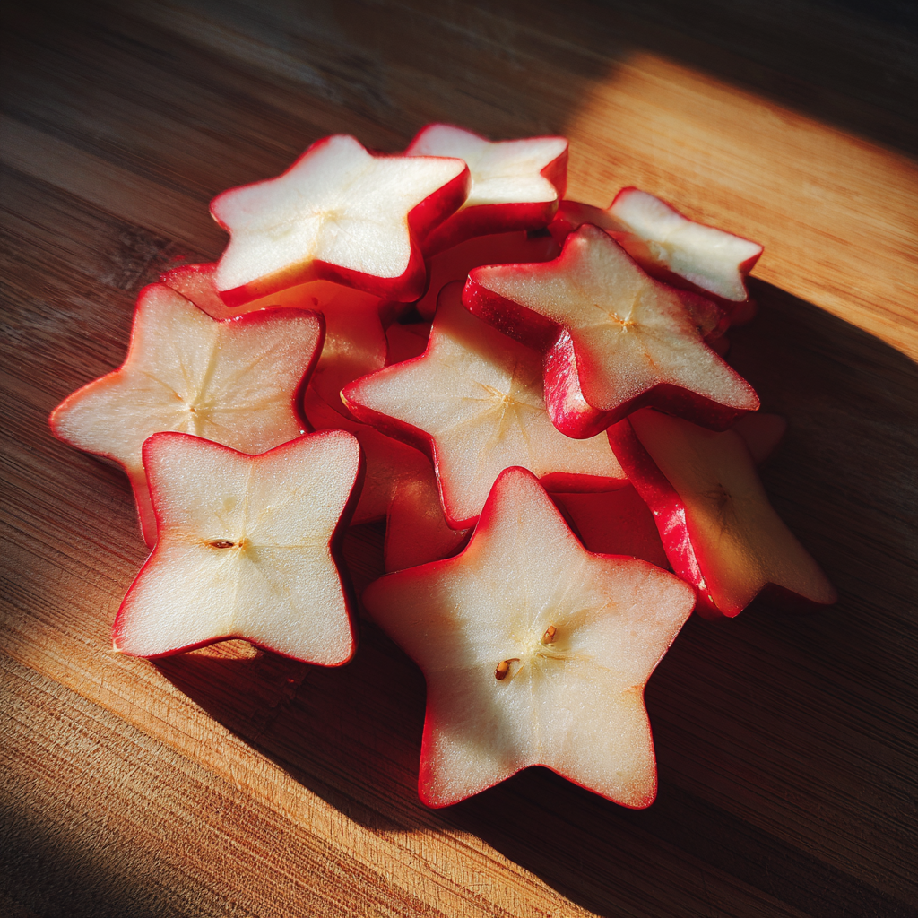 Rodajas de manzana roja en forma de estrella | Fuente: Midjourney