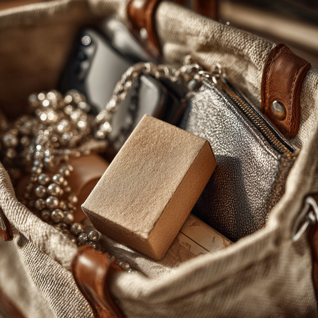 Objetos en un bolso abierto | Fuente: Midjourney
