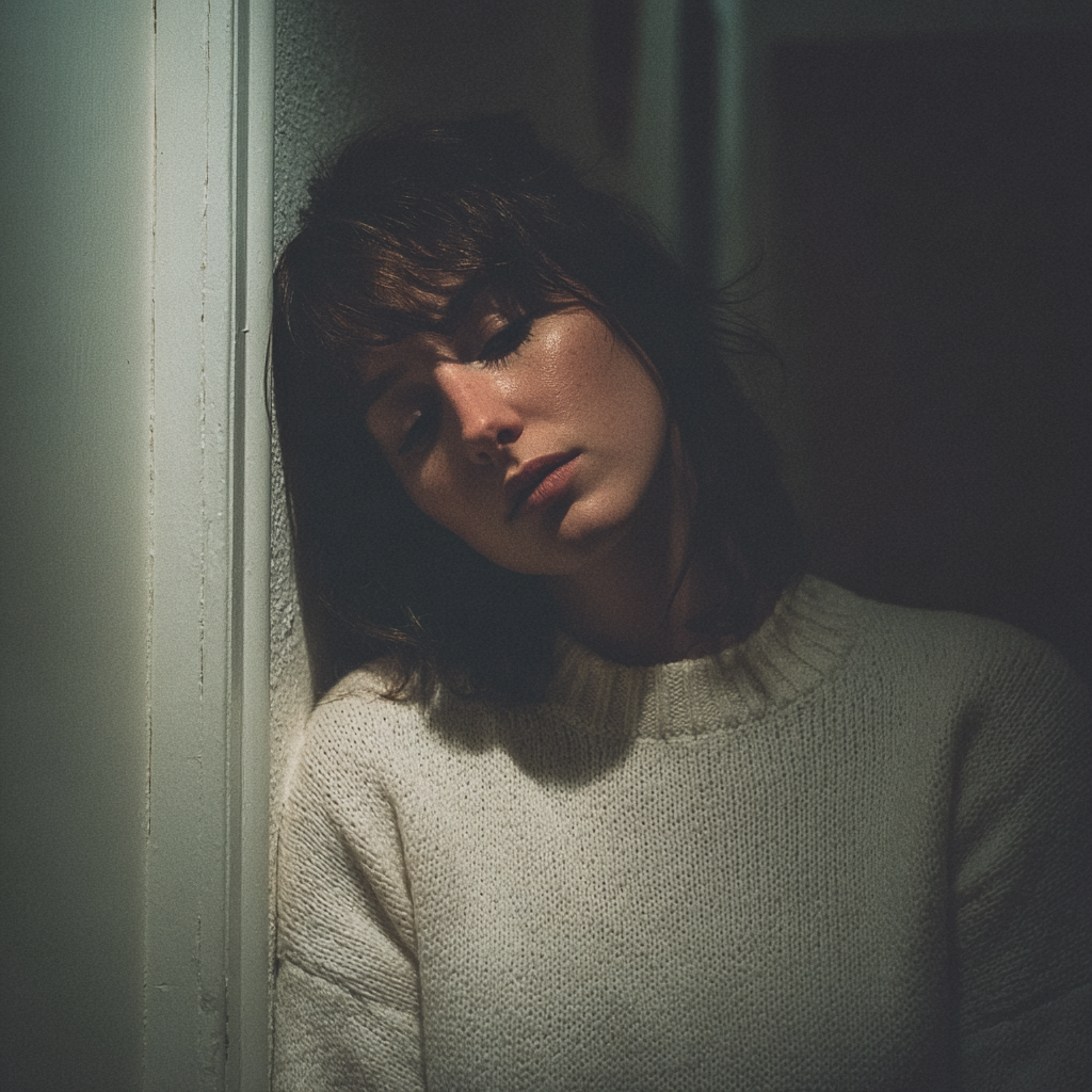 Una mujer apoyada en una pared por la noche | Fuente: Midjourney