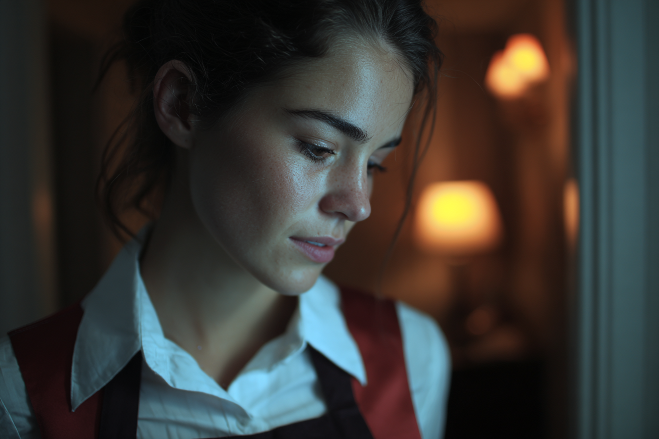 Una mujer de pie en una habitación de hotel | Fuente: Midjourney