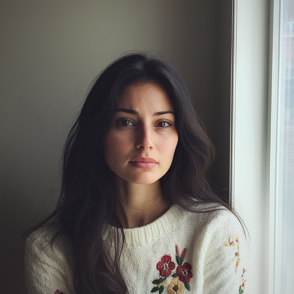 Primer plano de una mujer con un jersey blanco | Fuente: Midjourney