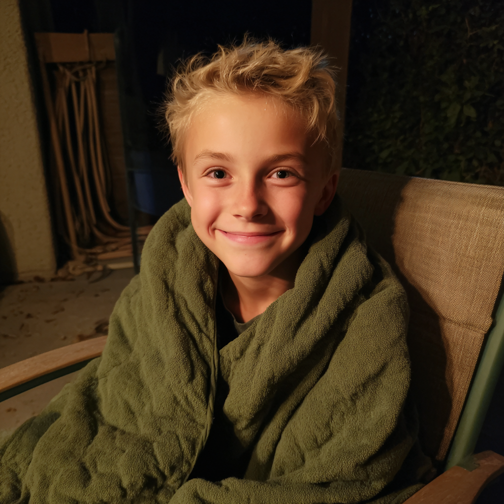 Un niño sonriente envuelto en una colcha verde | Fuente: Midjourney