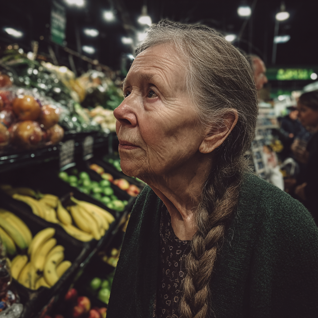 Una anciana con un cárdigan verde | Fuente: Midjourney