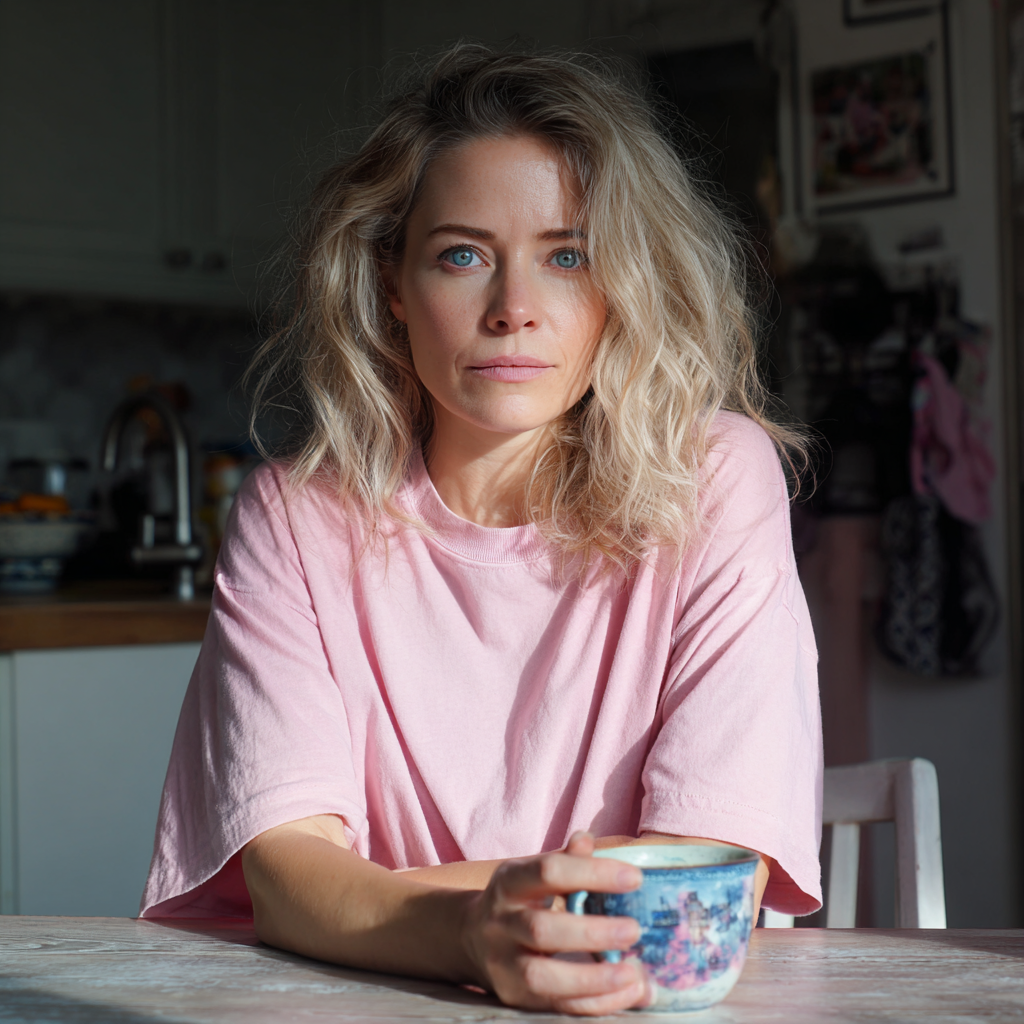 Una mujer pensativa sentada a una mesa | Fuente: Midjourney