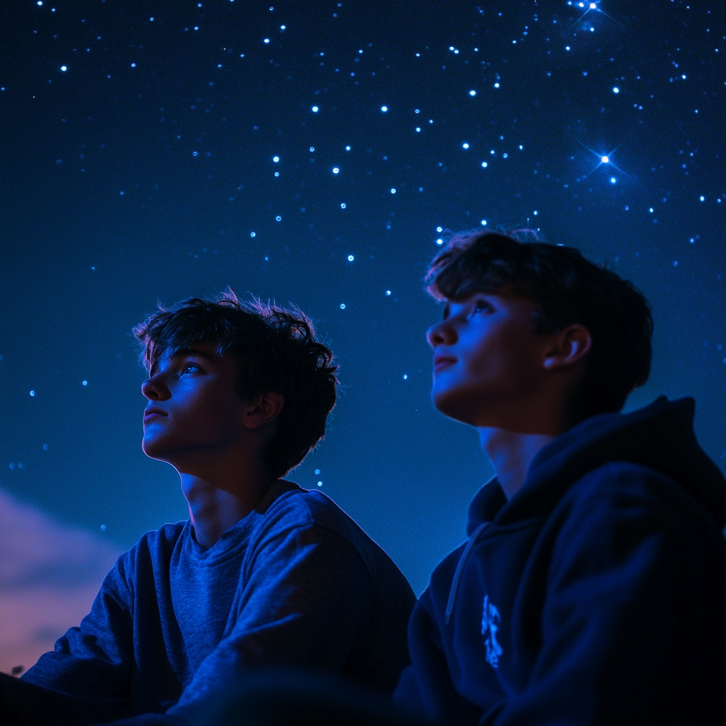 Dos niños mirando las estrellas | Fuente: Midjourney