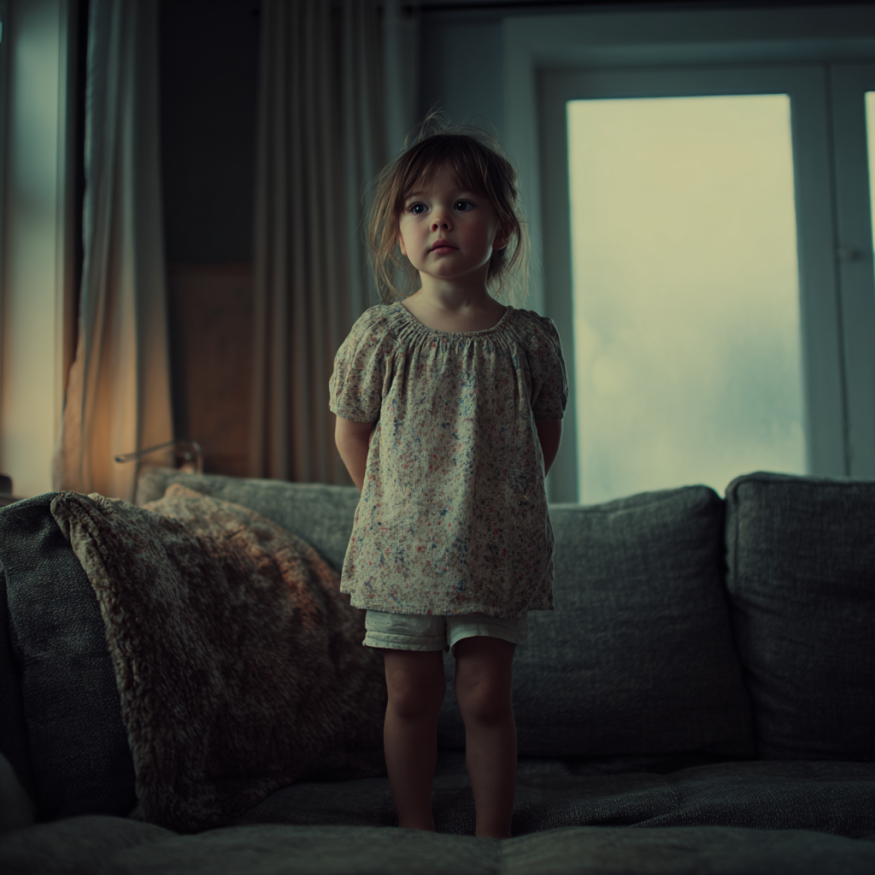 Una joven de pie, decepcionada, sobre un sofá | Fuente: Midjourney