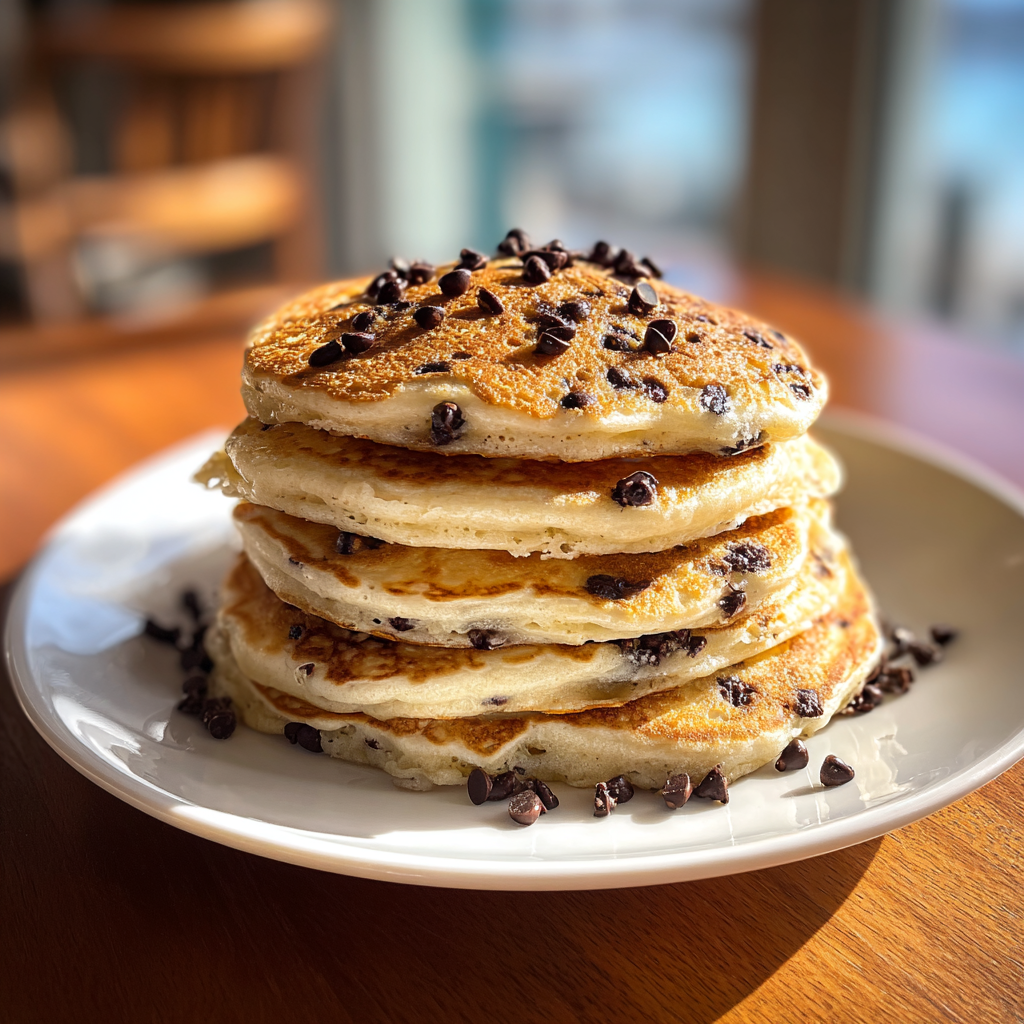 Una pila de panqueques con pepitas de chocolate | Fuente: Midjourney