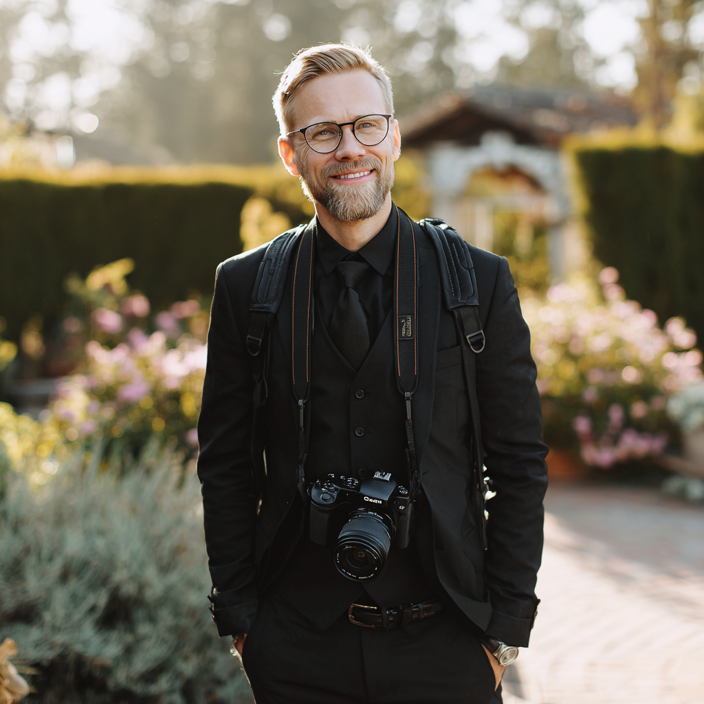 Un fotógrafo de bodas sonriente | Fuente: Midjourney