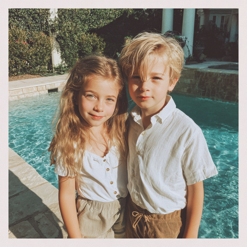 Dos niños sonrientes junto a una piscina | Fuente: Midjourney