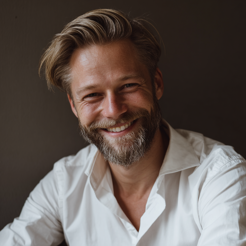 Un hombre sonriente con una camisa blanca de etiqueta | Fuente: Midjourney