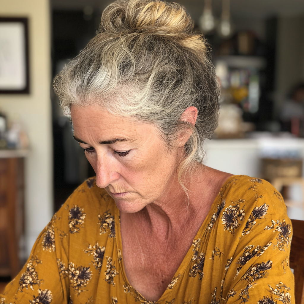 Una mujer mayor sentada a la mesa de la cocina | Fuente: Midjourney