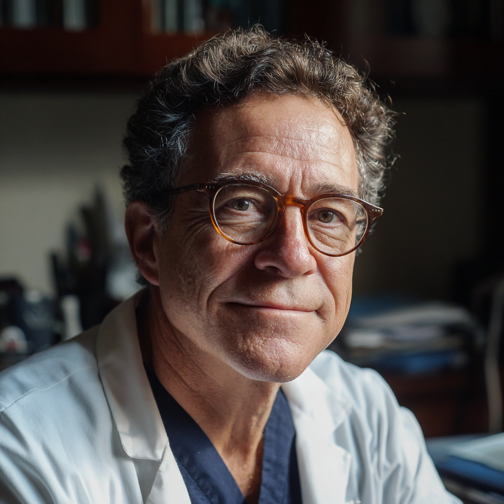 Un médico sonriente sentado en su consulta | Fuente: Midjourney