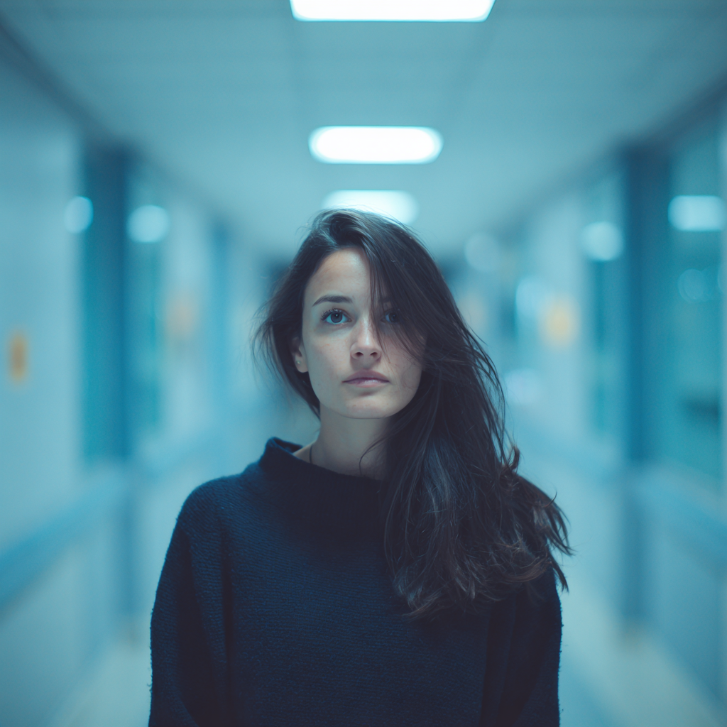 Una mujer pensativa con un jersey azul marino | Fuente: Midjourney