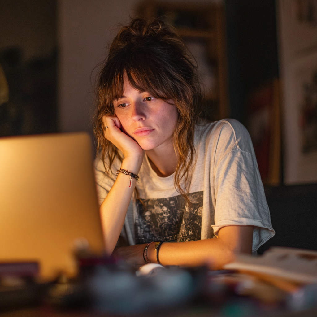 Una mujer sentada ante su computadora | Fuente: Midjourney