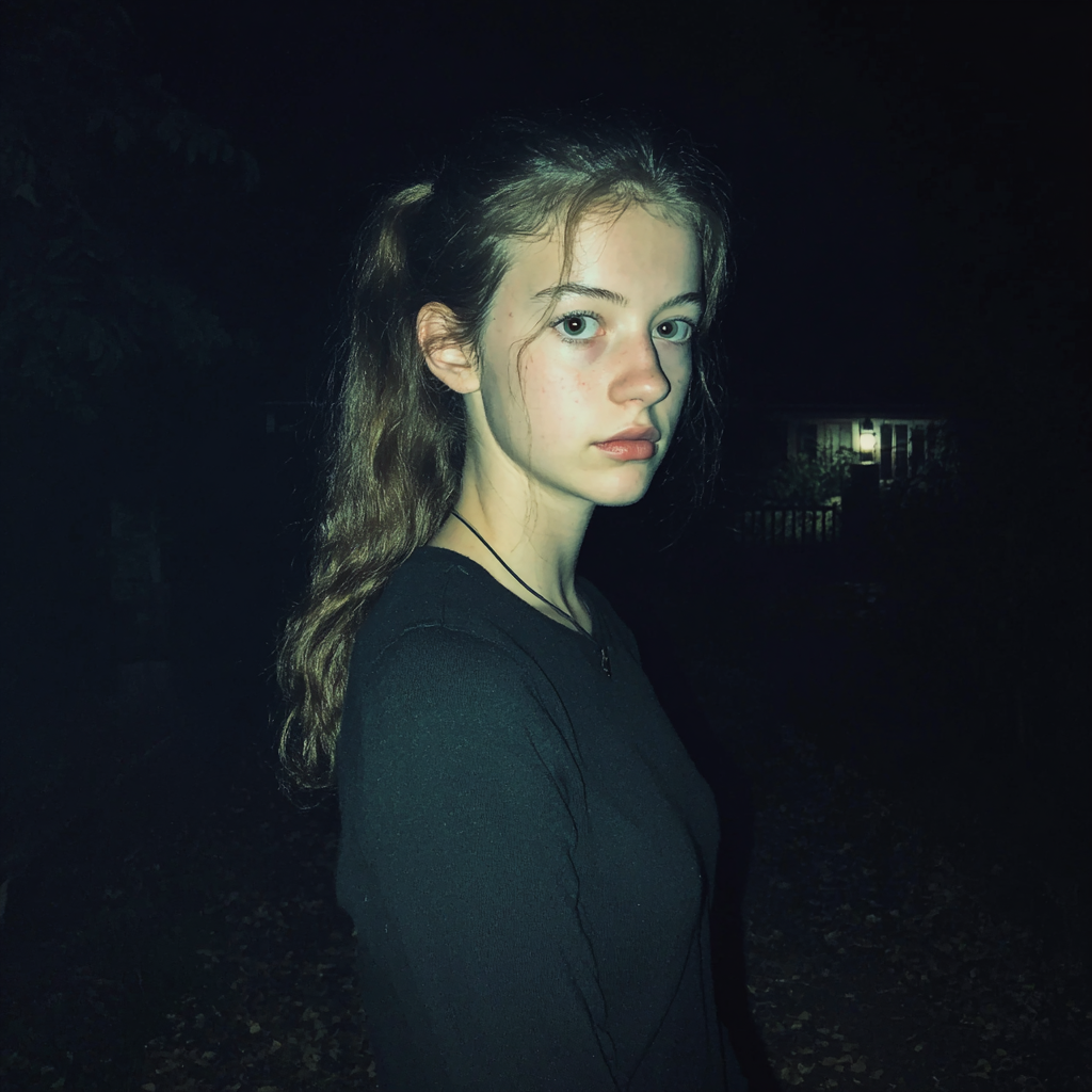 Una adolescente de pie al aire libre por la noche | Fuente: Midjourney