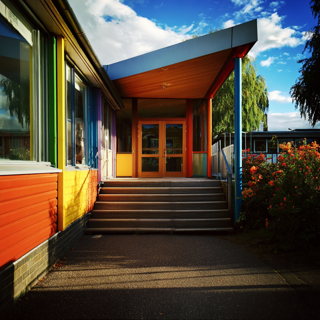 El exterior de un colorido edificio escolar | Fuente: Midjourney