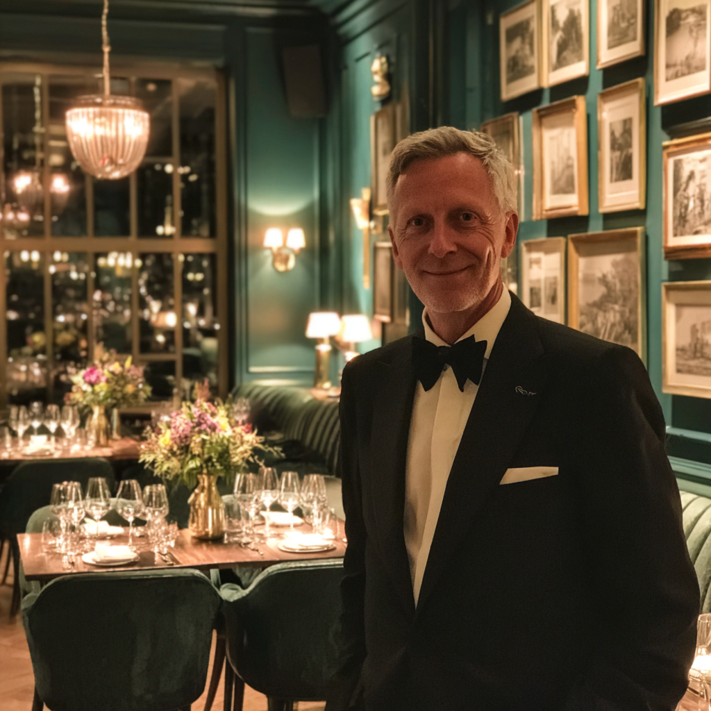 Un sonriente gerente de restaurante con traje negro | Fuente: Midjourney