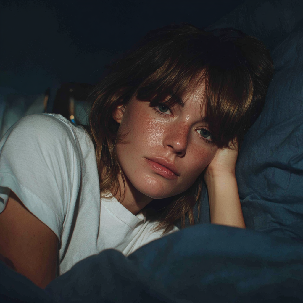 Una mujer emocionada descansando en su cama | Fuente: Midjourney