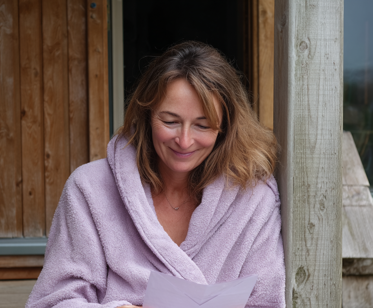 Una mujer sentada en un porche y leyendo una carta | Fuente: Midjourney