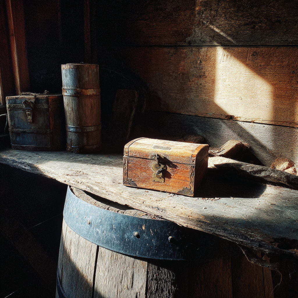 Una caja de madera sobre un barril | Fuente: Midjourney