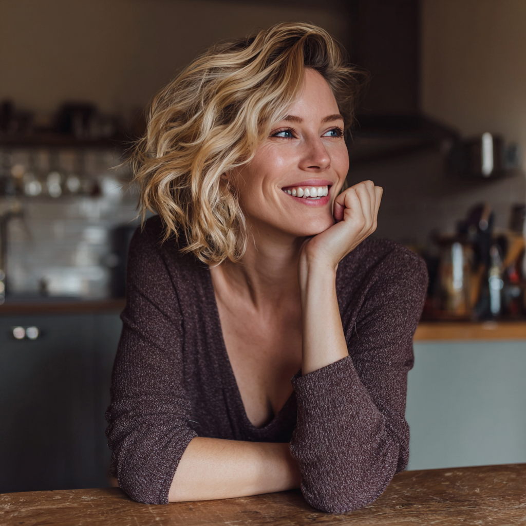 Una mujer sonriente sentada a la mesa de la cocina | Fuente: Midjourney