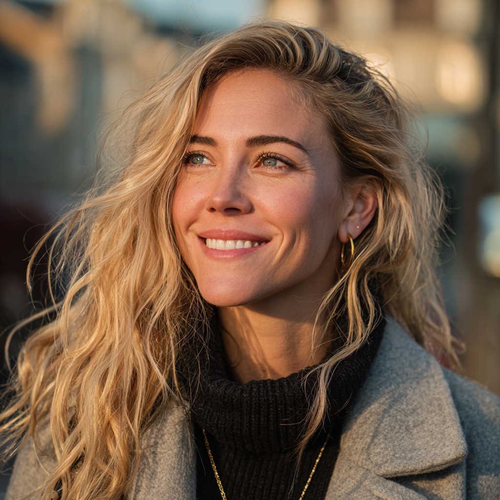 Una mujer sonriente en el exterior | Fuente: Midjourney