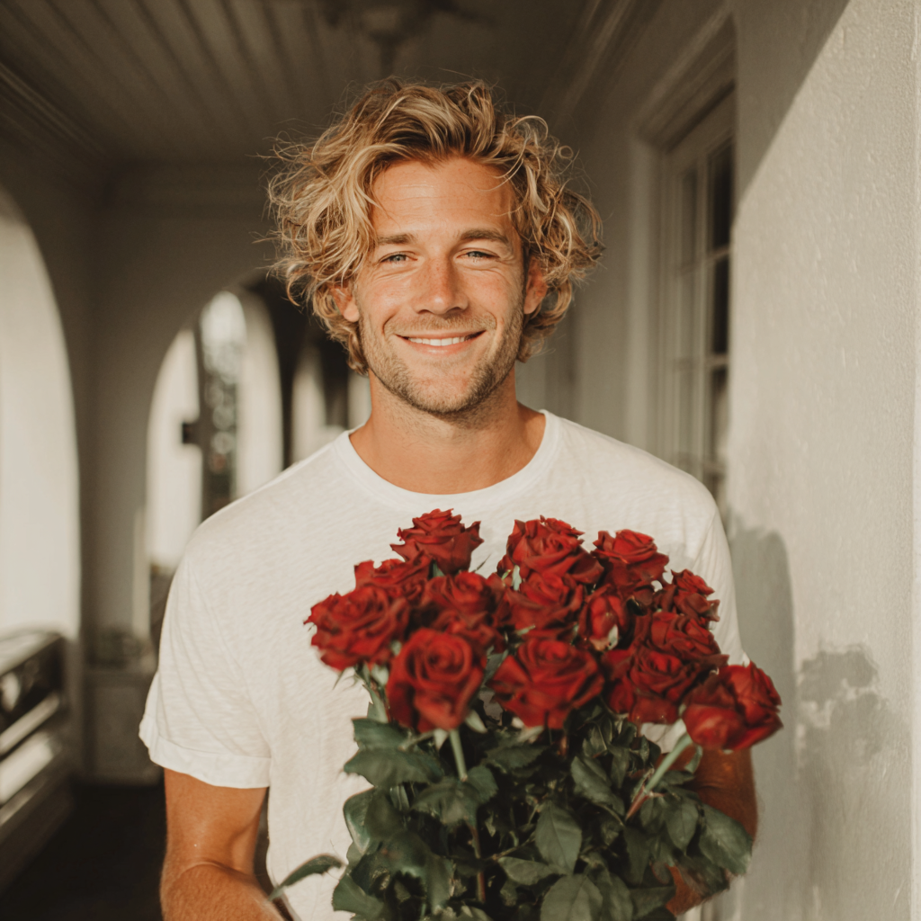 Un hombre sonriente con un ramo de rosas | Fuente: Midjourney