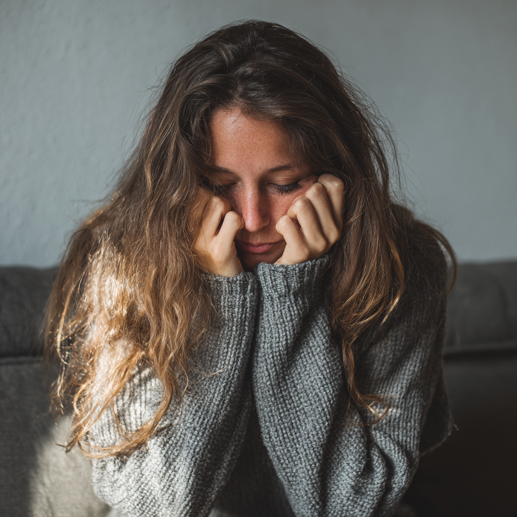 Una mujer sentada en un sofá y sujetándose la cabeza | Fuente: Midjourney