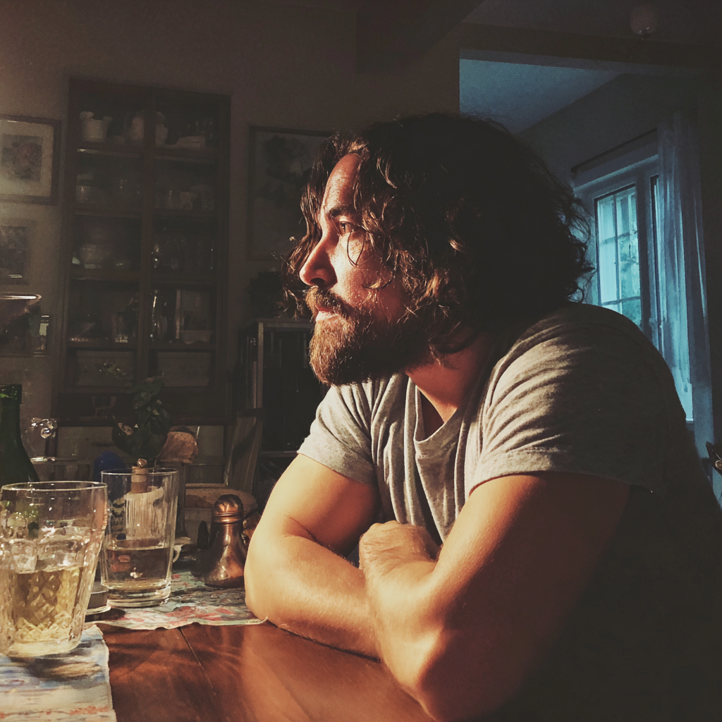 Un hombre conmocionado sentado en una mesa | Fuente: Midjourney