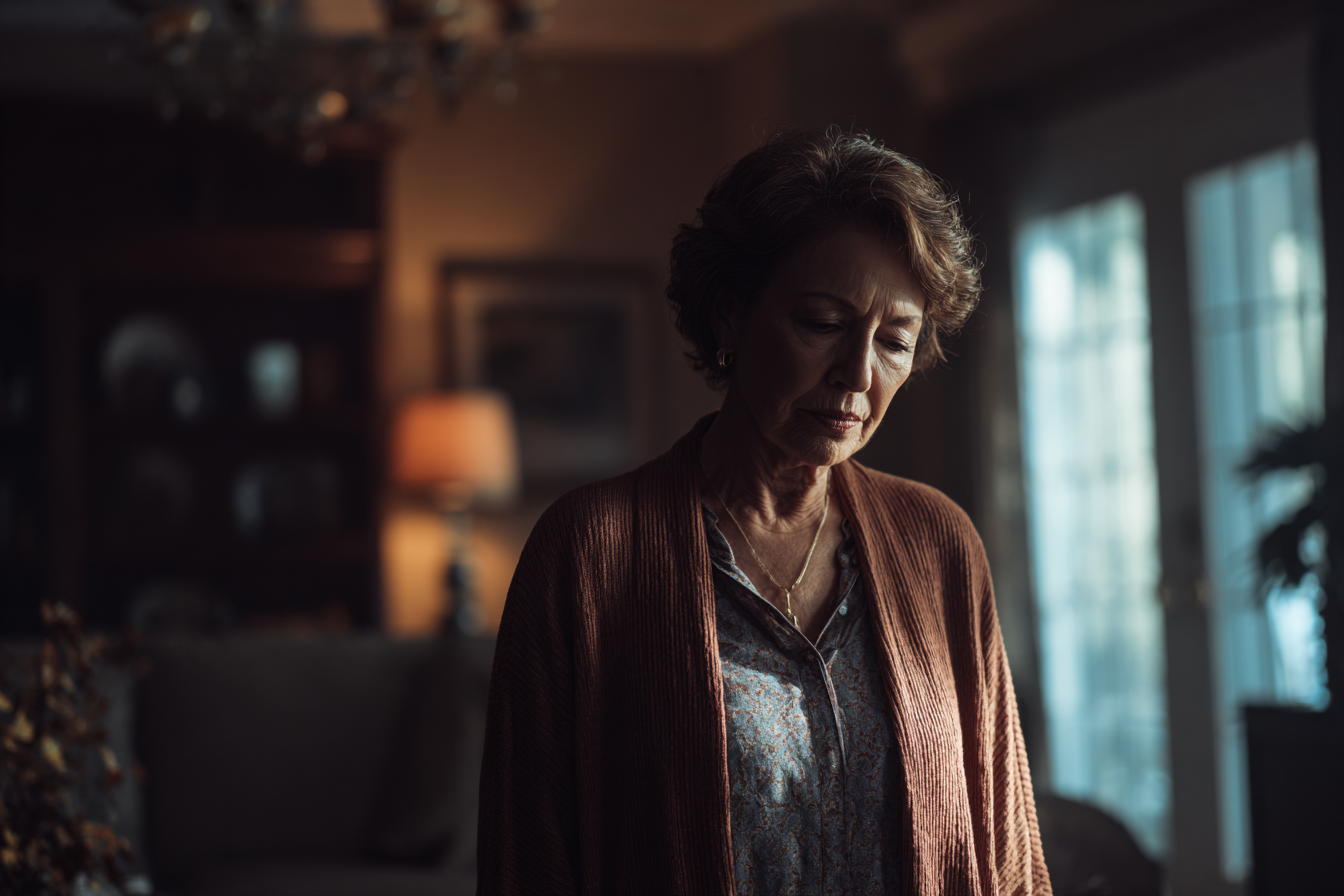 Una mujer mayor mirando hacia abajo | Fuente: Midjourney