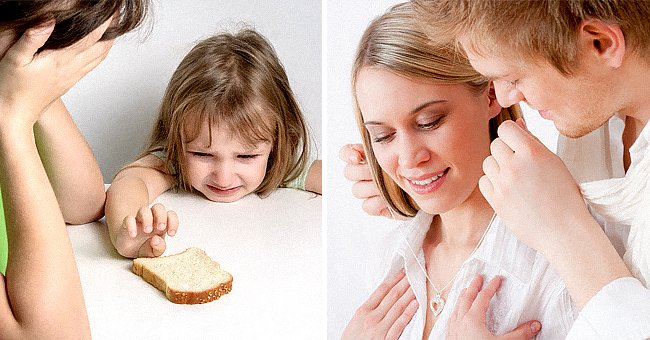 Una niña llorando mientras alcanza una rebanada de pan | Un hombre colocándole un pendiente a una mujer | Fuente: Shutterstock