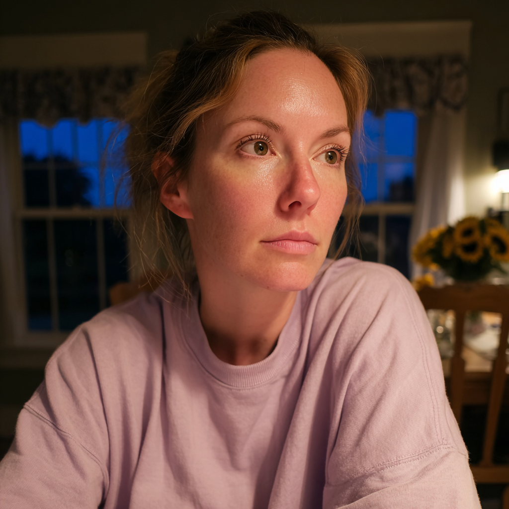 Una mujer preocupada sentada a la mesa | Fuente: Midjourney