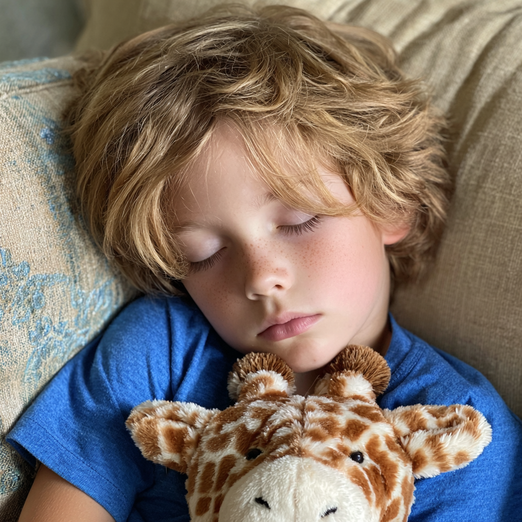 Un niño durmiendo con una jirafa de peluche | Fuente: Midjourney