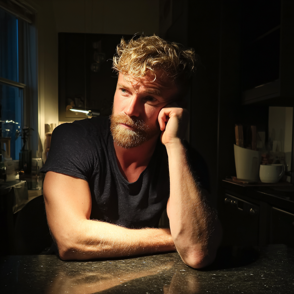 Un hombre apoyado en la encimera de una cocina | Fuente: Midjourney