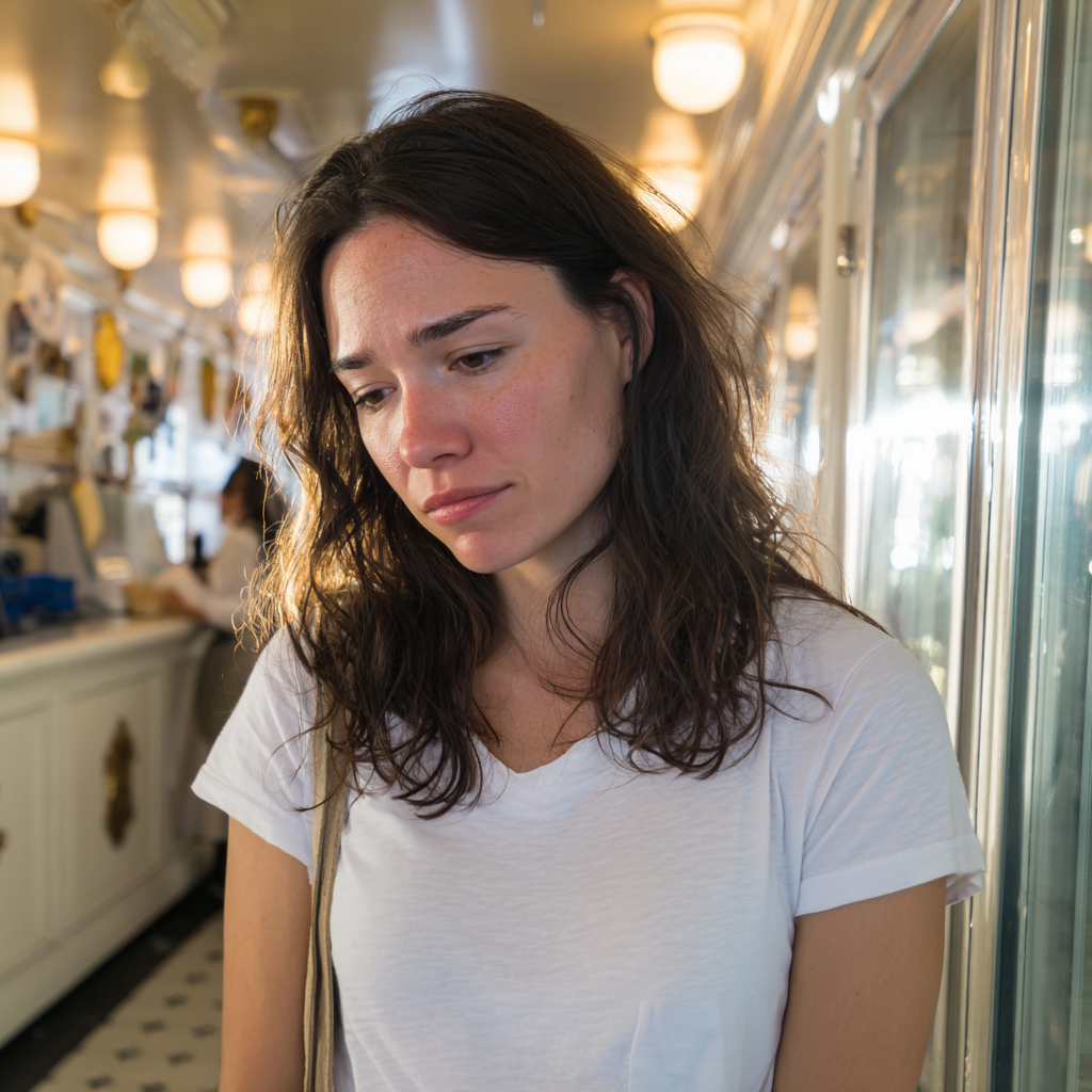 Una mujer triste con una camiseta blanca | Fuente: Midjourney