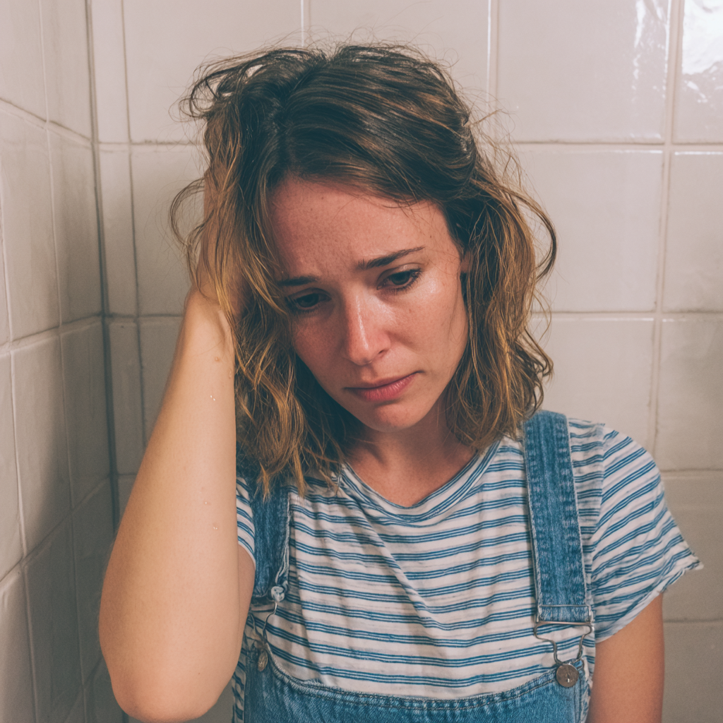 Una mujer emocionada de pie en un cuarto de baño | Fuente: Midjourney
