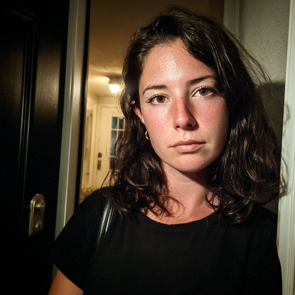 Una mujer ante la puerta de su casa | Fuente: Midjourney