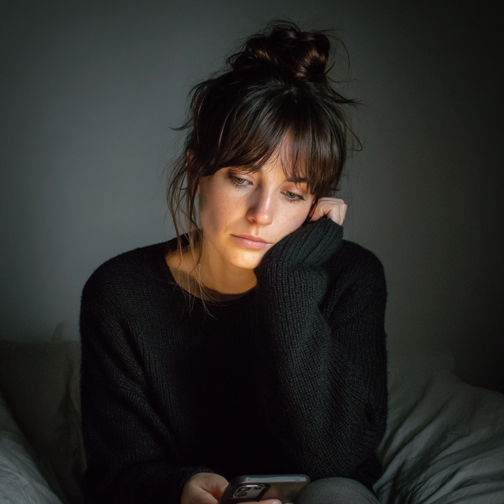 Una mujer pensativa utilizando su teléfono móvil | Fuente: Midjourney