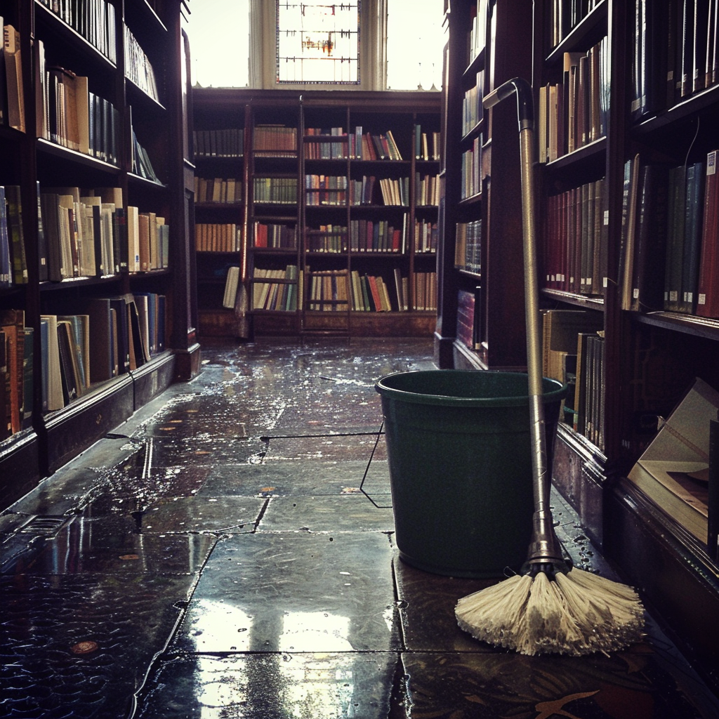 Una fregona y un cubo en una biblioteca | Fuente: Midjourney