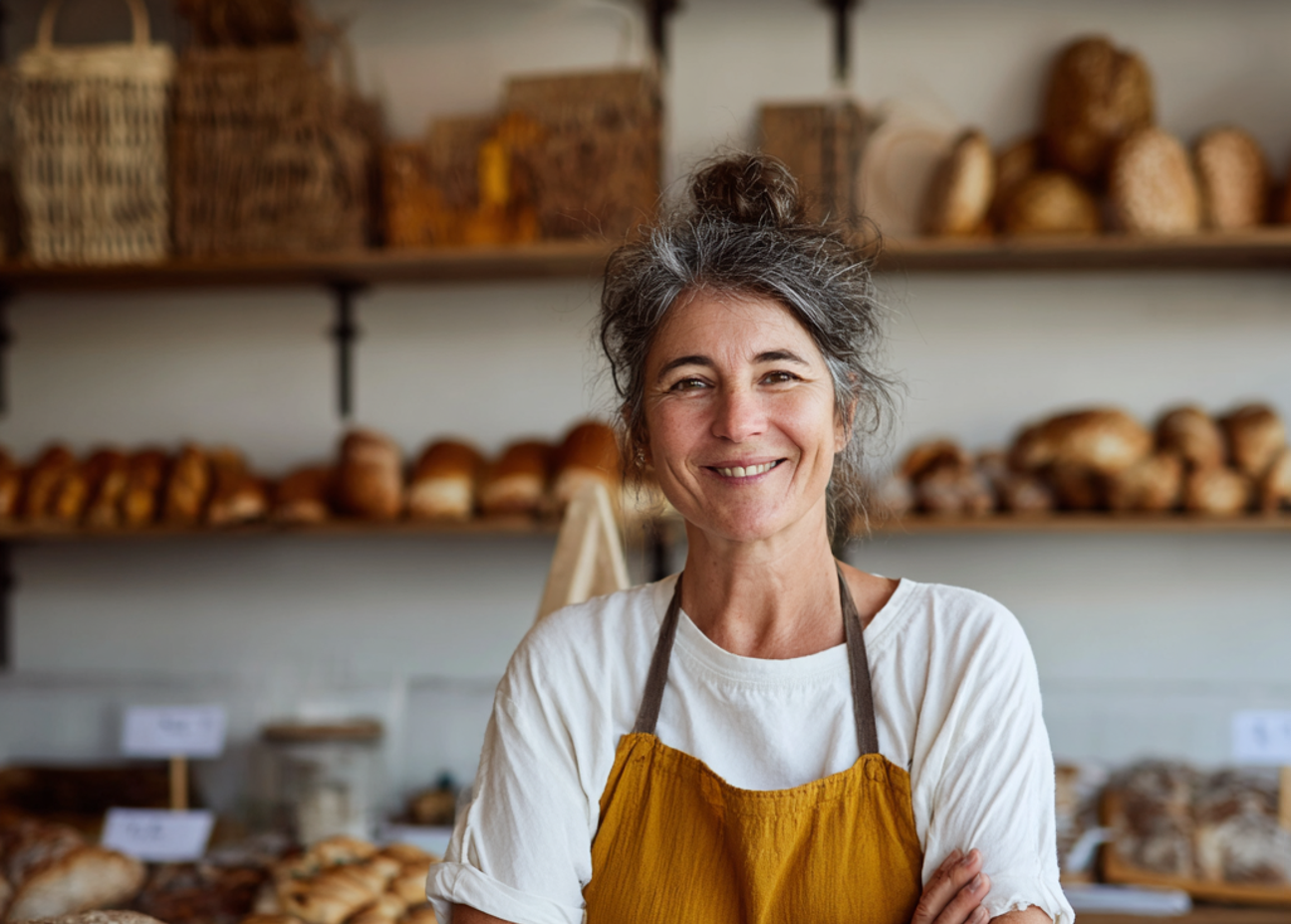 Una mujer sonriente de pie en una panadería | Fuente: Midjourney