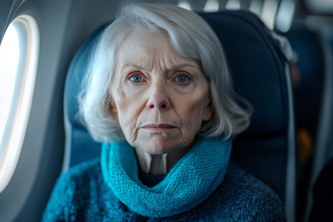 Una mujer mayor sentada en el asiento de un avión | Fuente: Midjourney