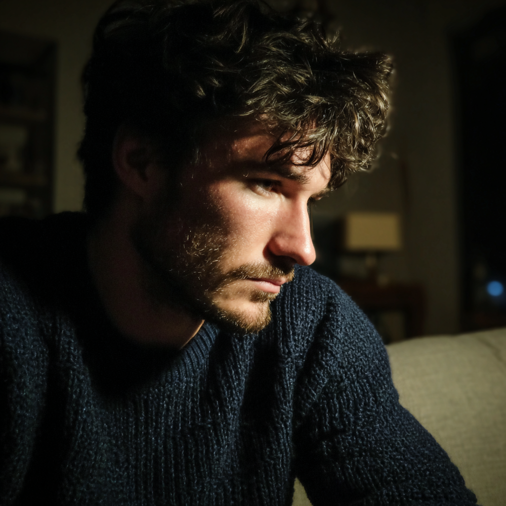 Un hombre pensativo sentado en un sofá | Fuente: Midjourney
