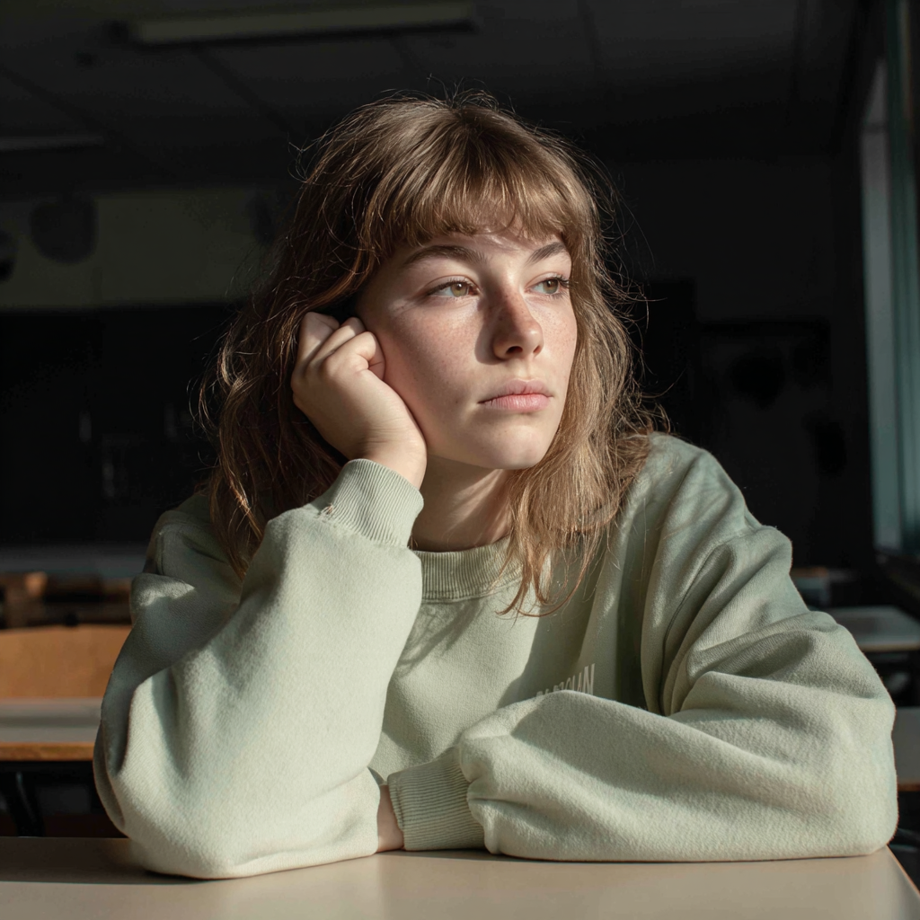 Una adolescente alterada sentada en una clase | Fuente: Midjourney