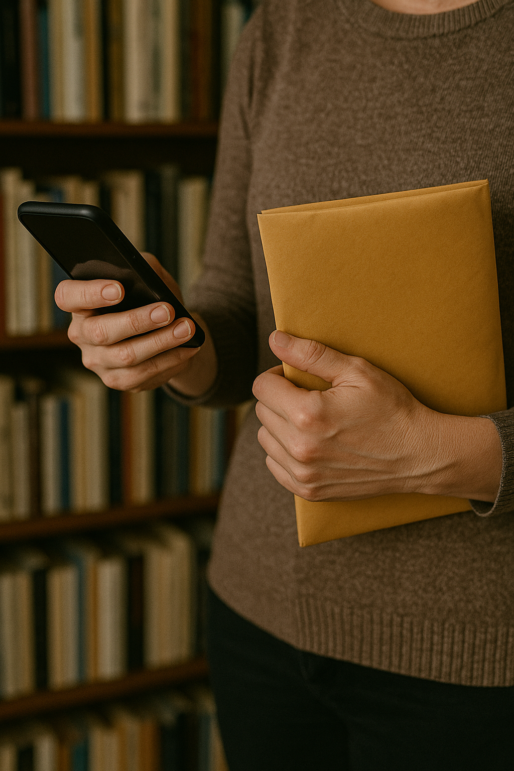 Una mujer sostiene un teléfono en una mano y un sobre en la otra | Fuente: DALL-E