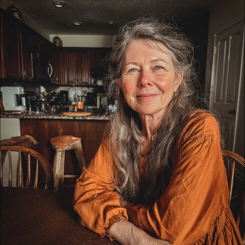 Una mujer sonriente sentada a la mesa de la cocina | Fuente: Midjourney